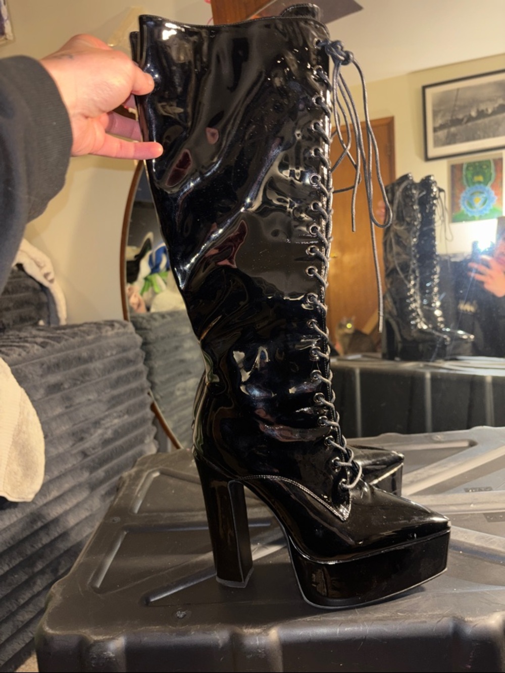 Patent Lace-Up Platform Knee-High Boots - Black